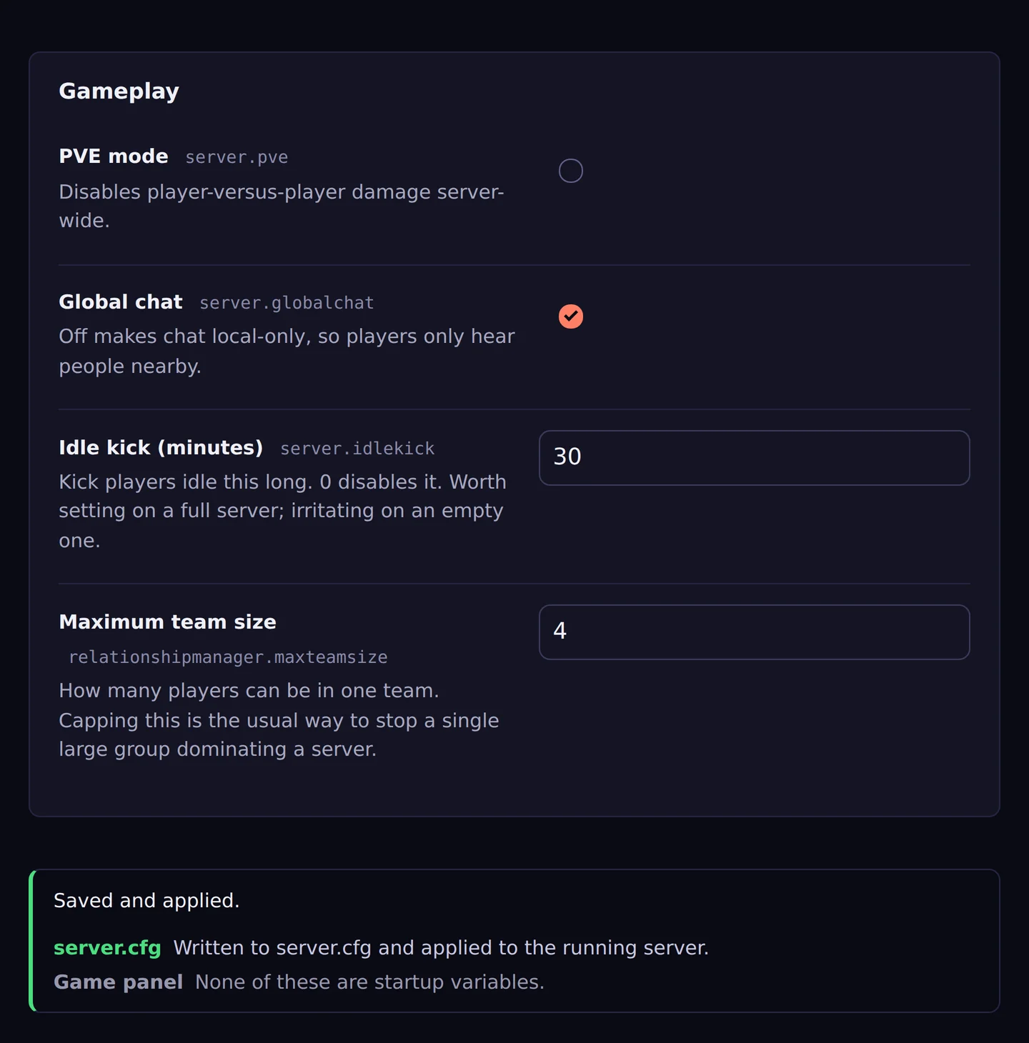 The server config editor with server.cfg settings and where each change was saved.