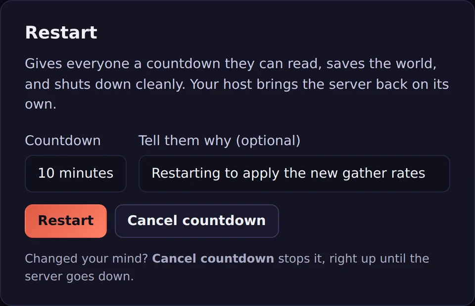 A graceful restart with a countdown players see in game, and a reason to broadcast.