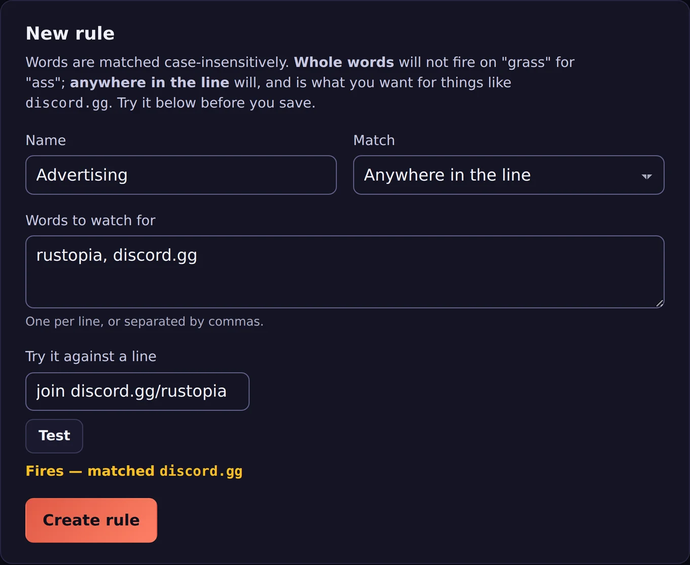 A chat keyword rule with a live preview of which sample lines it matches.
