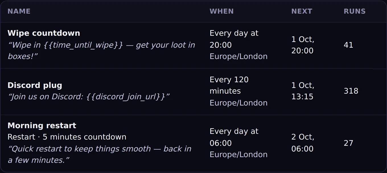 Scheduled commands: a nightly wipe reminder, a regular Discord plug and a scheduled graceful restart.