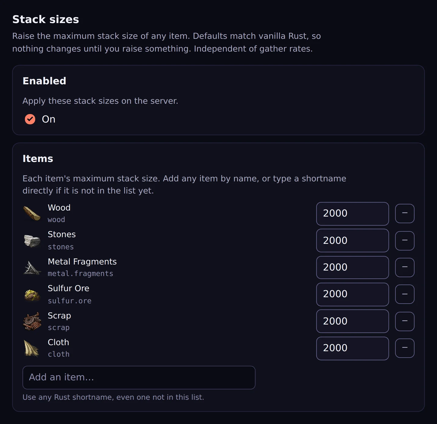 Stack sizes for individual items, each with its Rust icon.