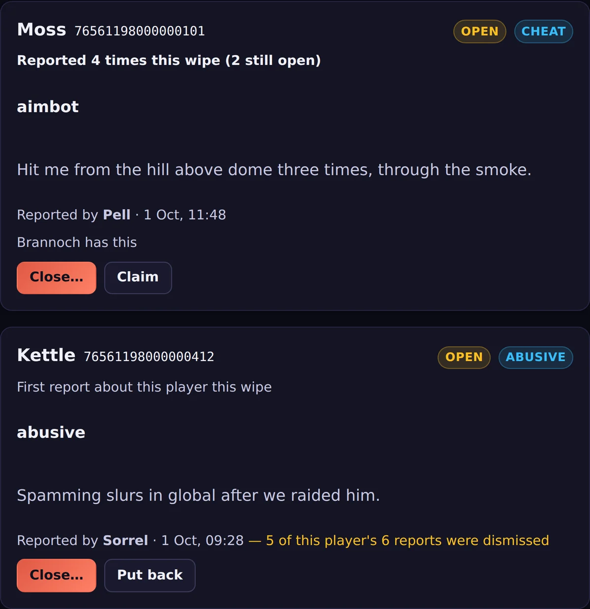 F7 reports as a queue, with how often the target and the reporter have been reported before.