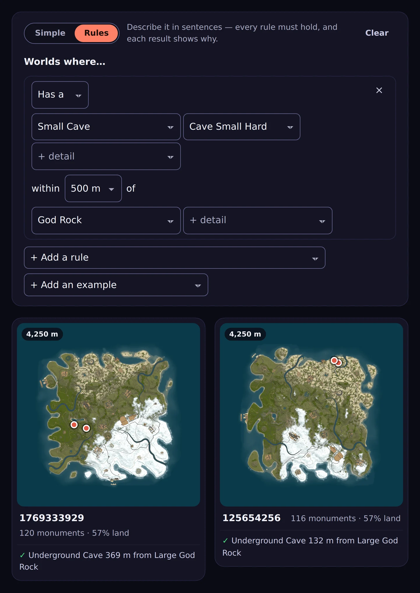 World search: a rule written as a sentence and two matching maps with the matches marked.